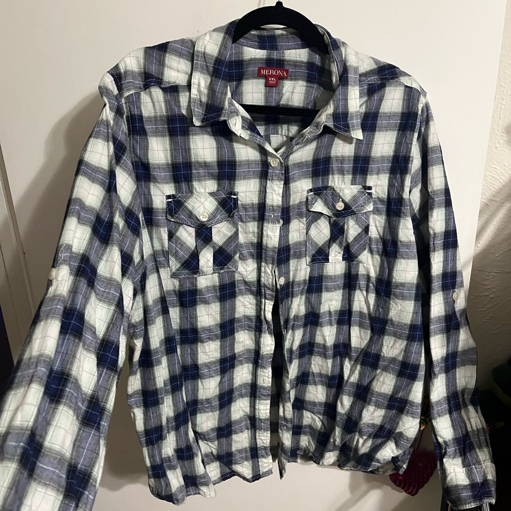 🧡 XXL Merona Blue and White Plaid Flannel Shirt